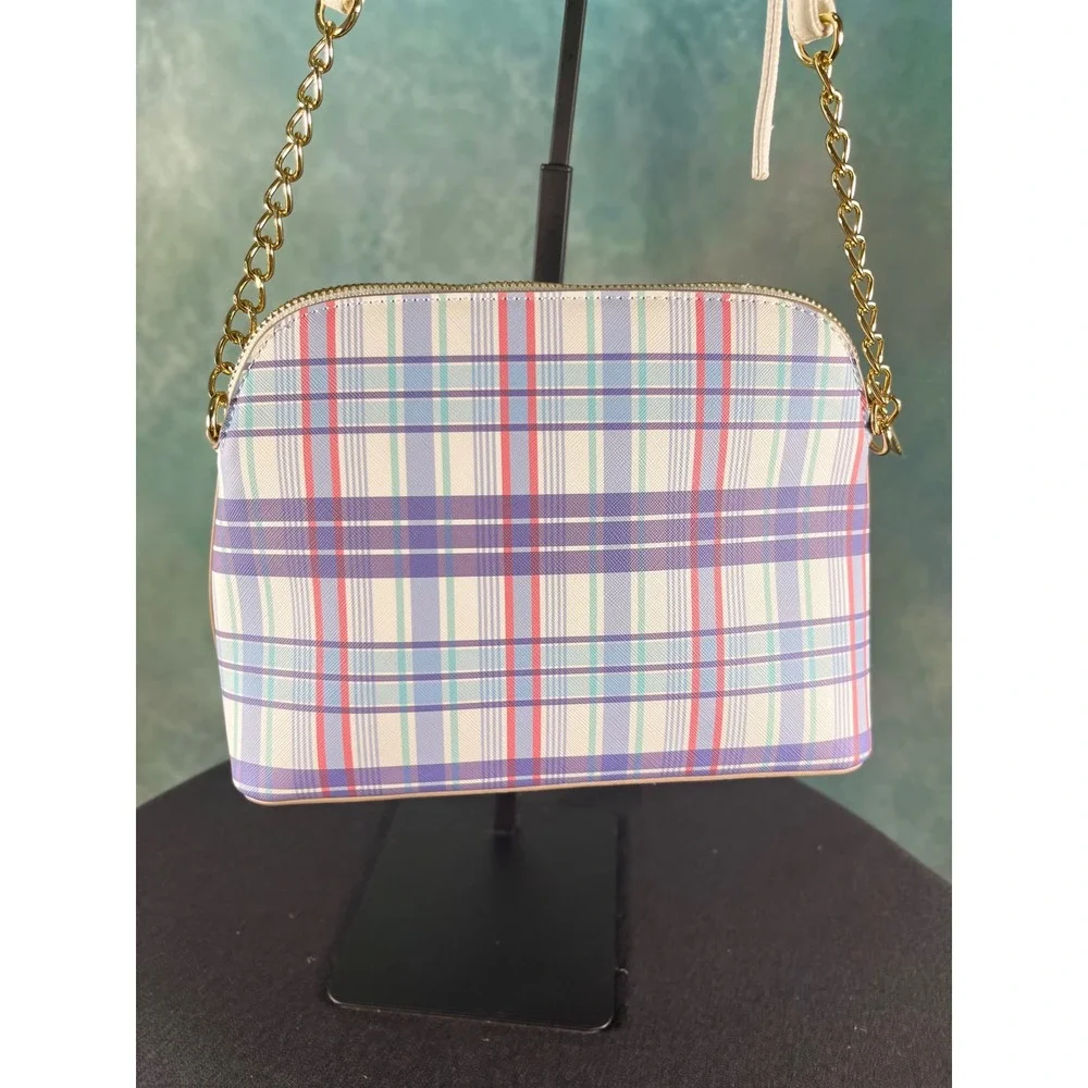 Nanette Lepore Purple Blue Plaid Dome Crossbody‎ Bag Gold Chain Strap Pastel